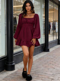 Long Sleeve Square Ruffle Elastic Dress