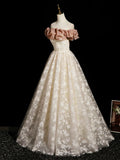 Off Shoulder Tulle Floral Champagne A Line  Prom Dress