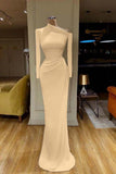 Draped Waist White One-Shoulder Long Sleeve Prom Dress