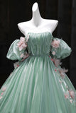 Green Tulle Flower Off The Shoulder A Line Prom Dress