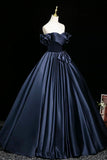 Navy Blue Satin Off Shoulder Ball Gown Bow Prom Dress