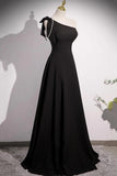 Black A Line One Shoulder Pearls Prom Dress