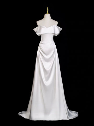 A Line Off Shoulder Satin White Ruched Prom Dress