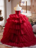 Burgundy Tulle Sweetheart Ruffle A Line Prom Dress
