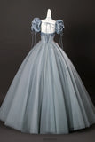 Gray Tulle Flowers A Line Short Sleeve Corset Prom Dress