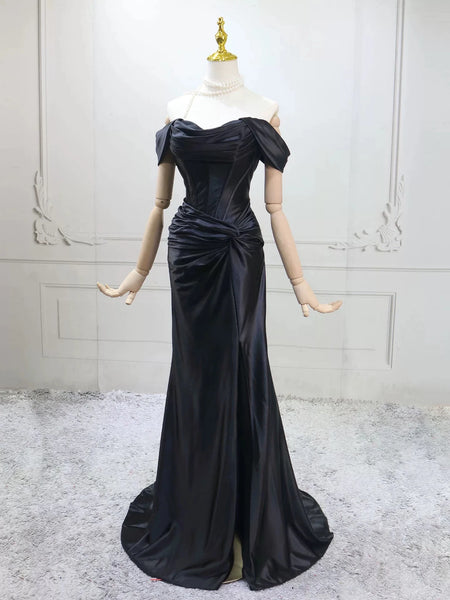 Mermaid Sweetheart Ruched Satin Black Prom Dress