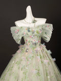 Off Shoulder Tulle Lace Green Floral A Line Prom Dress