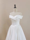 Tea Length White Satin A Line Off Shoulder Prom Dress
