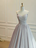 A-Line Spahhetti Straps Satin Champagne Ruched Prom Dress