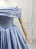 A-line Off Shoulder Satin Blue Ruched Prom Dress