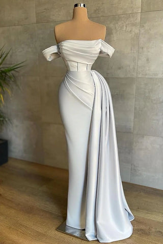 Draped Train Ivory Off The Shoulder Satin Mermaid Prom Dress