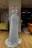 Ruched Silver Sequin Strapless Mermaid Prom Dress With Slit