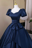 Navy Blue Satin Short Sleeve A Line Prom Dress