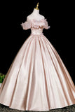 A-Line Off the Shoulder Pink Satin Flower Prom Dress