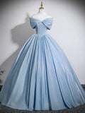 Off The Shoulder Satin Blue Corset A Line Prom Dress