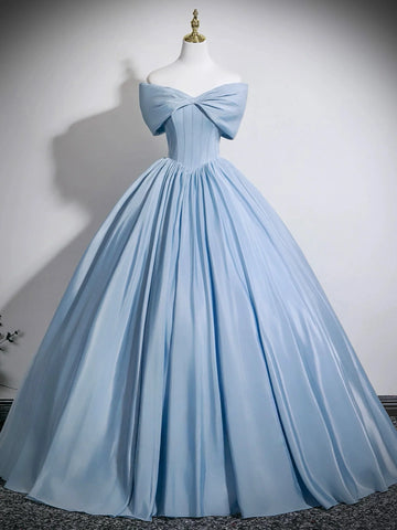 Off The Shoulder Satin Blue Corset A Line Prom Dress