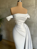 Draped Train Ivory Off The Shoulder Satin Mermaid Prom Dress