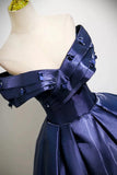 Navy Blue Satin A Line Off the Shoulder Prom Dress