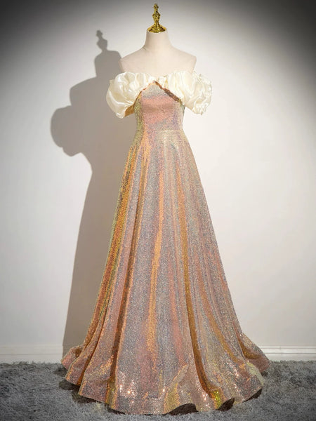 Off Shoulder Sequin Gold Sparkle A Line Prom Dress