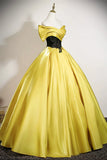 Yellow Satin Black Lace A Line Off the Shoulder Prom Dress