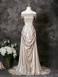 A-Line Off Shoulder Champagne Satin Prom Dress