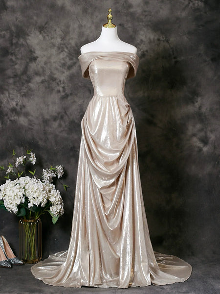 A-Line Off Shoulder Champagne Satin Prom Dress