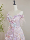A Line Tulle Lace Flower Pink Beading Prom Dress