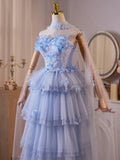 A-Line Tulle Flower Blue Strapless Prom Dress