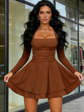 Square Neck Ruffle Hem Long Sleeve Mini Dress