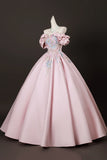 Pink Satin Lace A Line Off the Shoulder Appliques Prom Dress