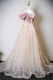 Blushing Pink Beaded Appliques Off the Shoulder Prom Dress