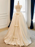 A Line Satin Boat Neck Ivory Bow Prom Dress