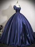 A-Line Puff Sleeves Dark Blue Satin Prom Dress