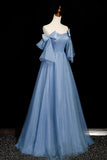 Bow A-Line Blue Tulle Sparkle Prom Dress