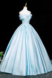 Blue A Line Backless Satin Off The Shoulder Prom Dress