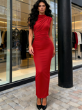 Red Summer Casual Ruched Bodycon Maxi Dress
