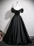 Off Shoulder Satin A Line Black Ruffles Prom Dress