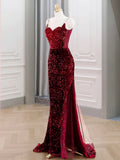 Mermaid Sequin Burgundy Spaghetti Straps Backless Prom Dress