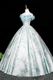 Floral Print Blue Pearl Printing Off The Shoulder Prom Dress