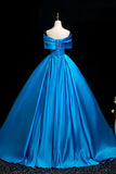 Ruffled Blue Satin Off The Shoulder Ball Gown Prom Dress