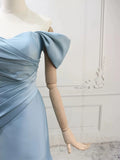 Mermaid Off Shoulder Satin Blue Ruched Prom Dress