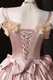 Vintage Pink Cascading Ruffles Lace Flower Prom Dress