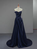 A Line V Neck Satin Dark Blue Ruched Prom Dress