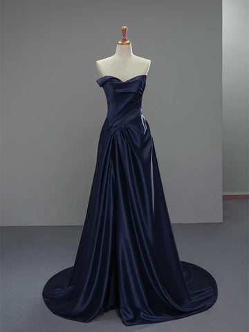 A Line V Neck Satin Dark Blue Ruched Prom Dress