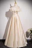 Champagne Satin Flowers Off the Shoulder A Line Prom Dress