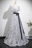 Silver Sequin A Line V Neck Short Sleeves Prom Dress