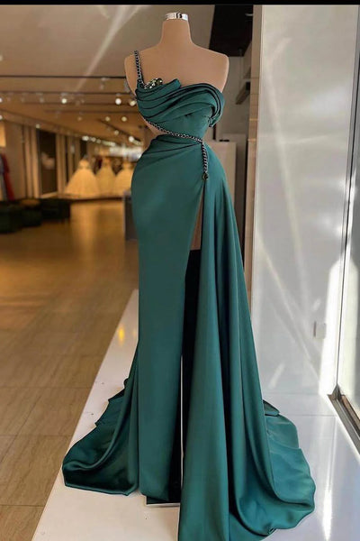 Crystal Emerald Green One Shoulder Satin Prom Dress with Slit