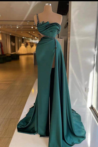 Crystal Emerald Green One Shoulder Satin Prom Dress with Slit