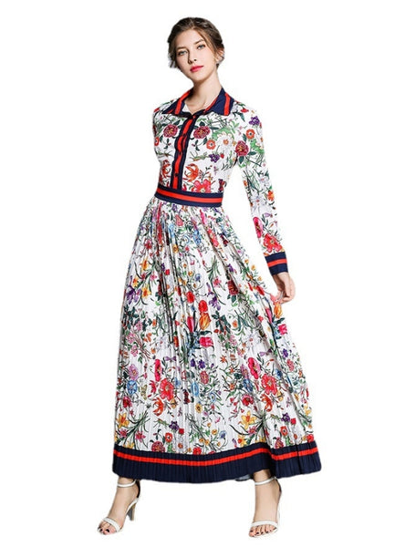 Elegant Long Sleeve Floral Printed Loose Pleated Dress