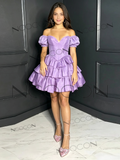 Lilac Sweetheart Short Sleeves Layer Mini Satin Homecoming Dress